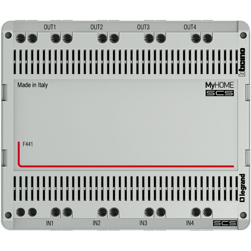 Bticino F441. Nodo de audio y vídeo en caja modular 6-DIN configurada con 4 terminales de entrada y 4 terminales…