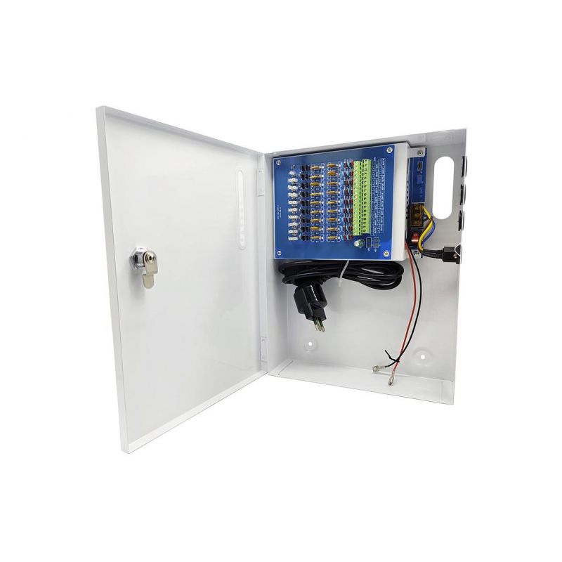 Folksafe KAS-DC121820B Fonte de Alimentação CCTV 13,8V 20A 18 Saídas Conexão Bateria 7-20Ah (não inclusa) Folksafe